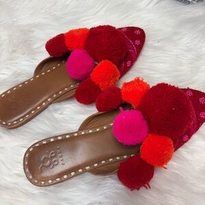 | Anthropologie Figue | Pom Pom Ethnic Beaded Embroidered Flat mules. Size 9.